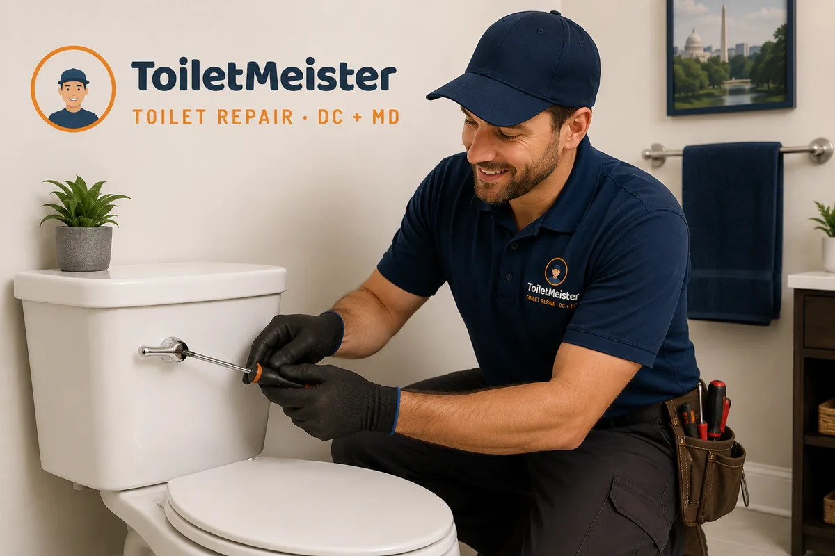 ToiletMeister technician replacing a toilet handle and lever