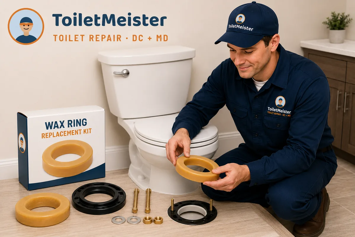 ToiletMeister technician resetting a toilet with a new wax ring